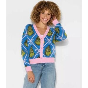 Women's Grinch Festive Graphic Cardigan Med Blue New